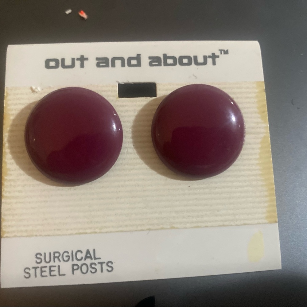 VTG New Out And About Burgundy Button Stud Pierced Earrings - Lobes Beware